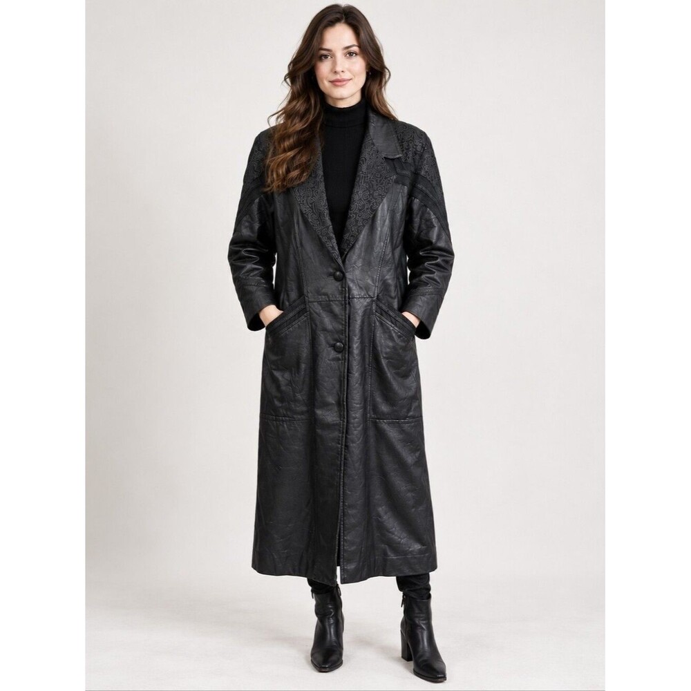 Vintage 1980s Leather Long Black Trench Coat Paisley Goth Cosplay Womens Size L